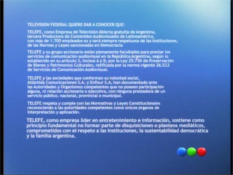 Comunicado Telefe del AFSCA