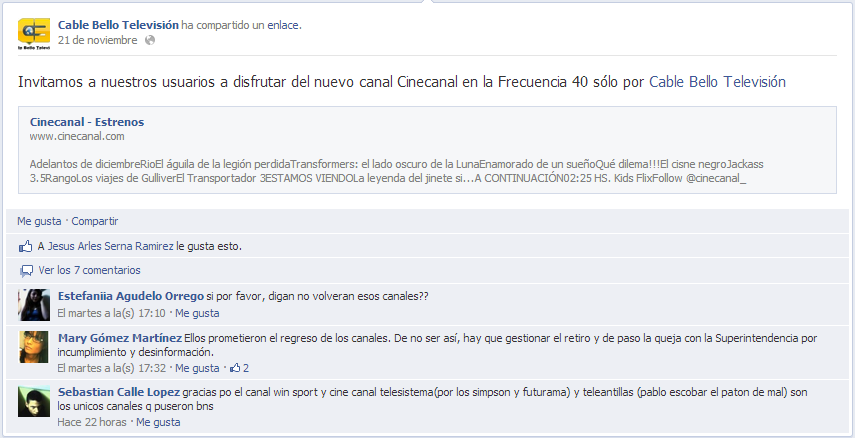 Anuncio del Facebook "Cinecanal en Cable Bello TV"