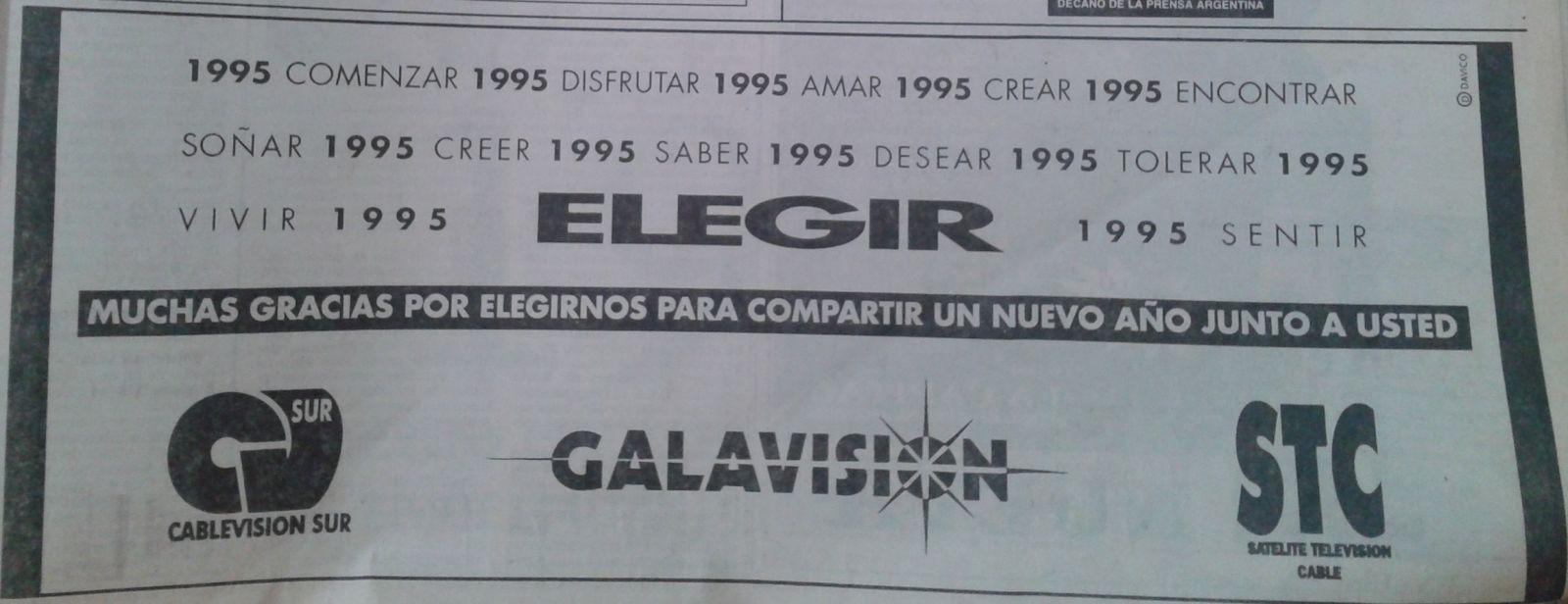 publicidad gráfica de galavision,cablevision sur y satélite televisión cable de diciembre de 1994(año nuevo)
