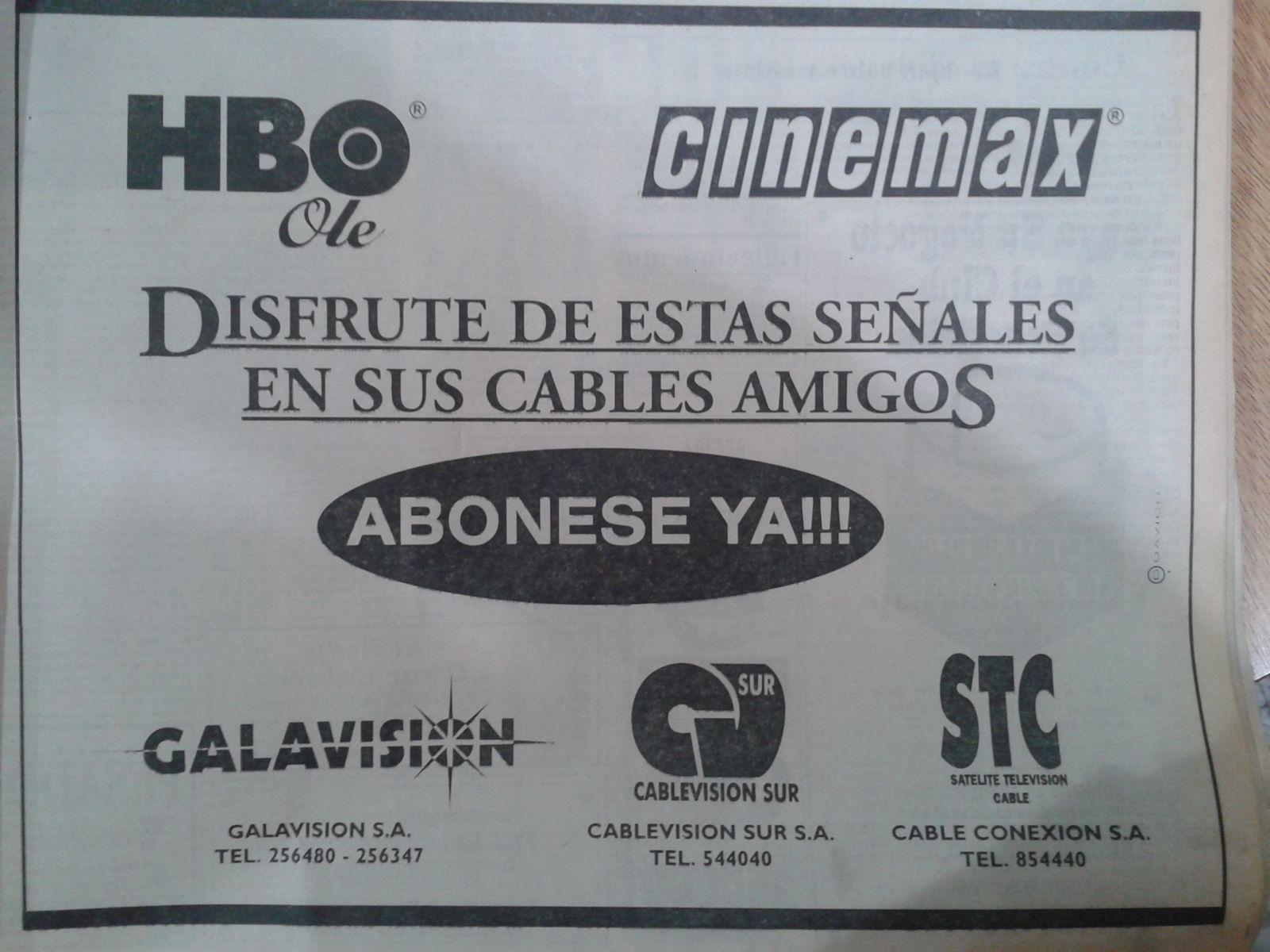 publicidad gráfica de galavision,cablevision sur y satélite televisión cable de diciembre de 1994(hbo ole y cinemax)