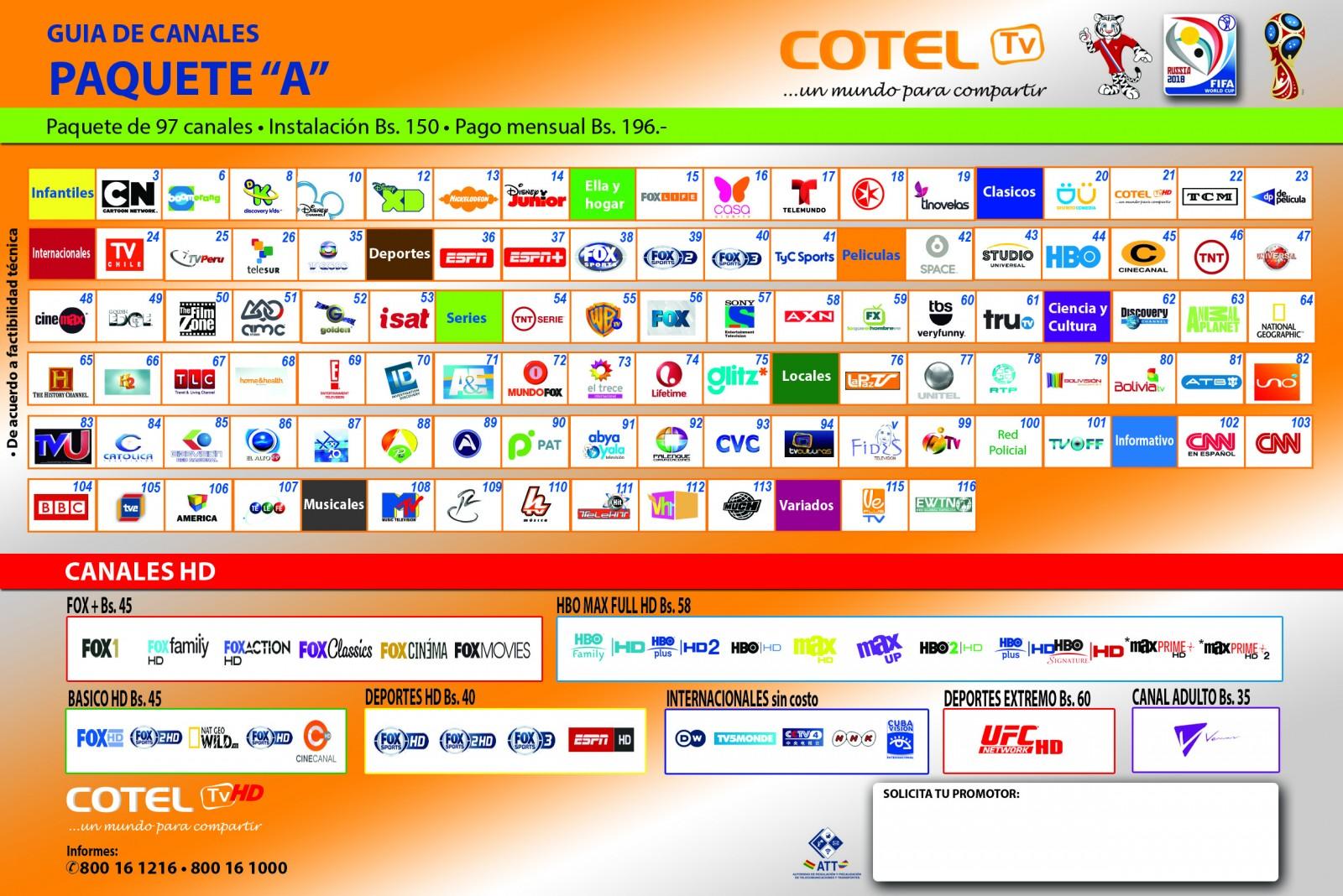 Grilla de canales paquete A de Cotel TV HD
