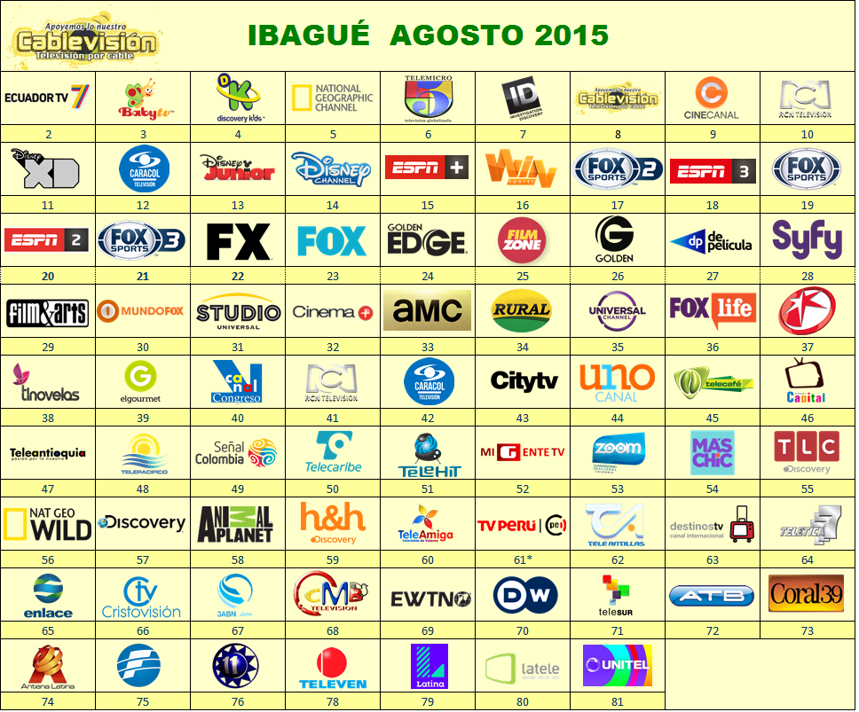 Cablevisión de Ibagué Ltda. - Grilla de Canales, Agosto - Septiembre de 2015