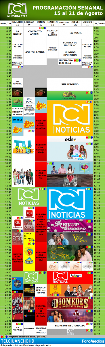 Programación Canal RCN "HD" Colombia (15 al 21 de Agosto de 2015)