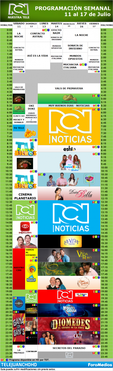 Programación Canal RCN "HD" Colombia (11 al 17 de Julio de 2015)