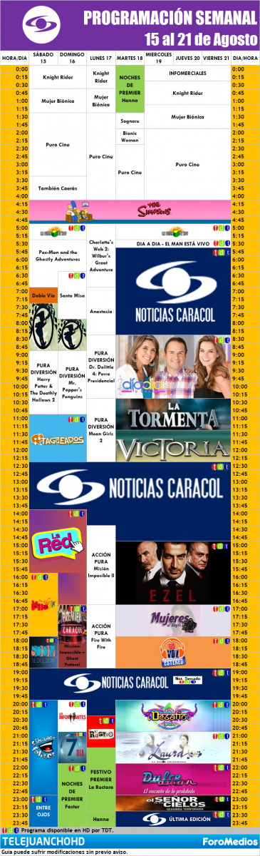 Programación Caracol Colombia (15 al 21 de Agosto de 2015)