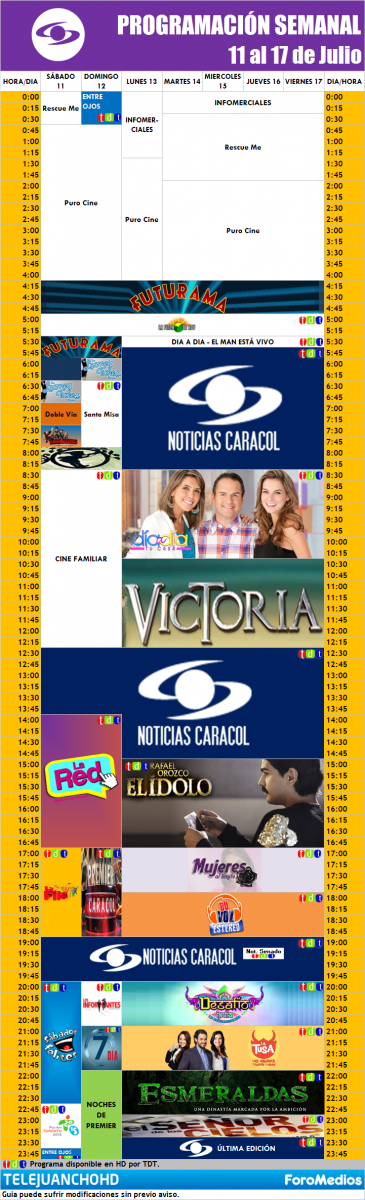 Programación Caracol Colombia (11 al 17 de Julio de 2015)