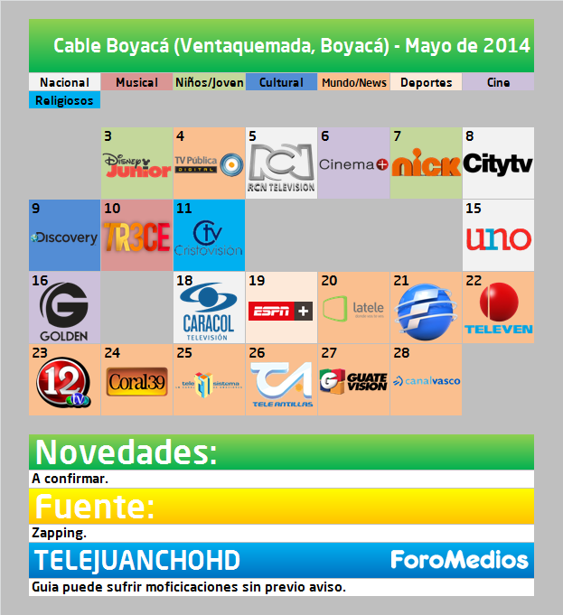 Cable Boyacá (Ventaquemada, Boyacá) - Guía de canales (Mayo/Junio de 2014)