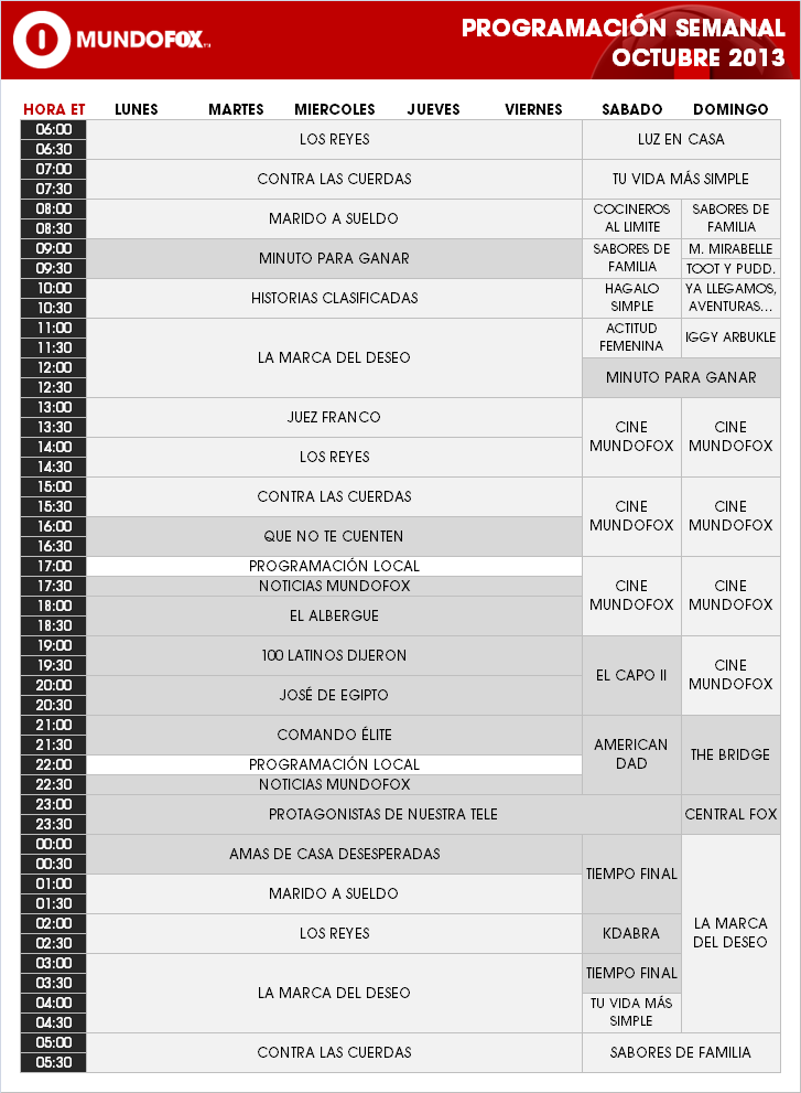 Parrilla de Programación MundoFox USA - Mediados de Octubre 2013