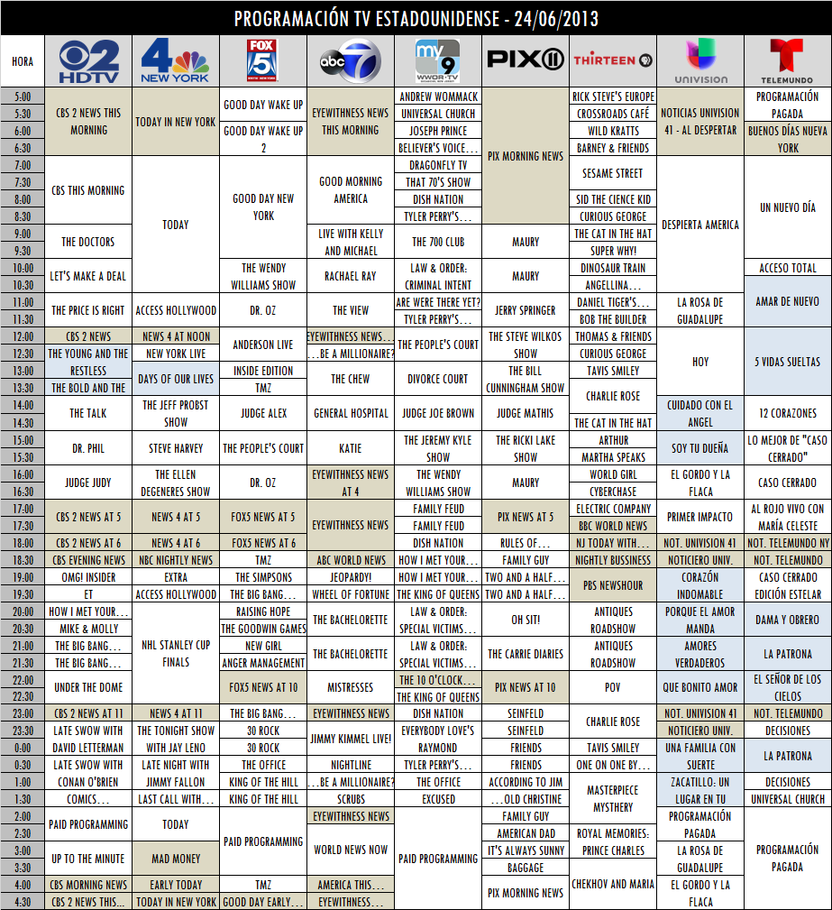 Programación TV USA - 24/06/2013