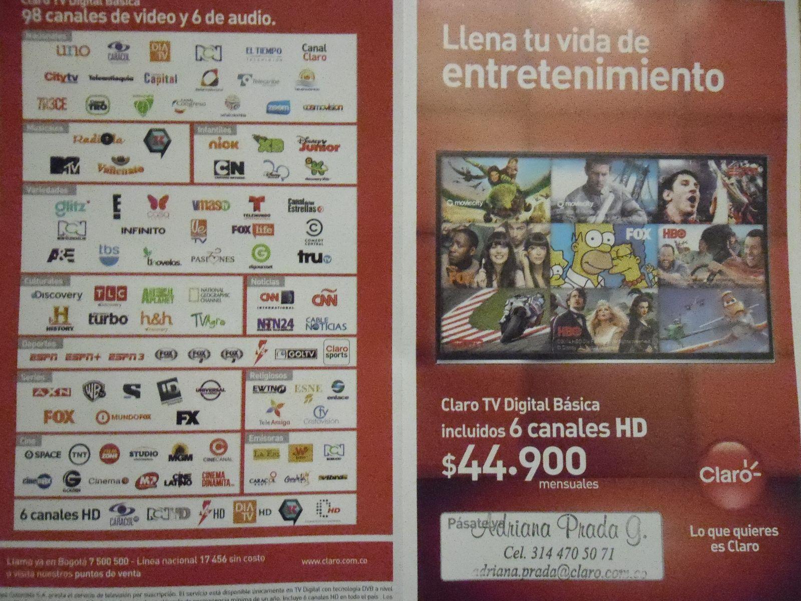 Folleto de promoción plan TV Digital Básica de Claro Colombia