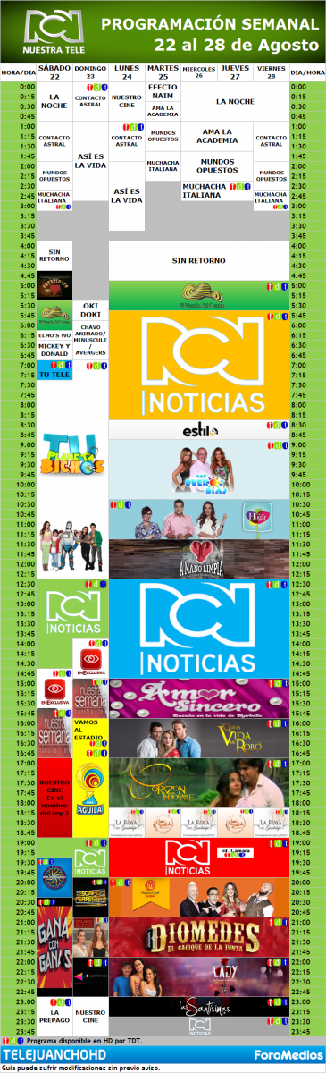 Programación Canal RCN "HD" Colombia (22 al 28 de Agosto de 2015)