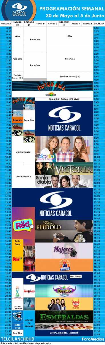 Programación Caracol Colombia (29 de Mayo al 5 de Junio de 2015)