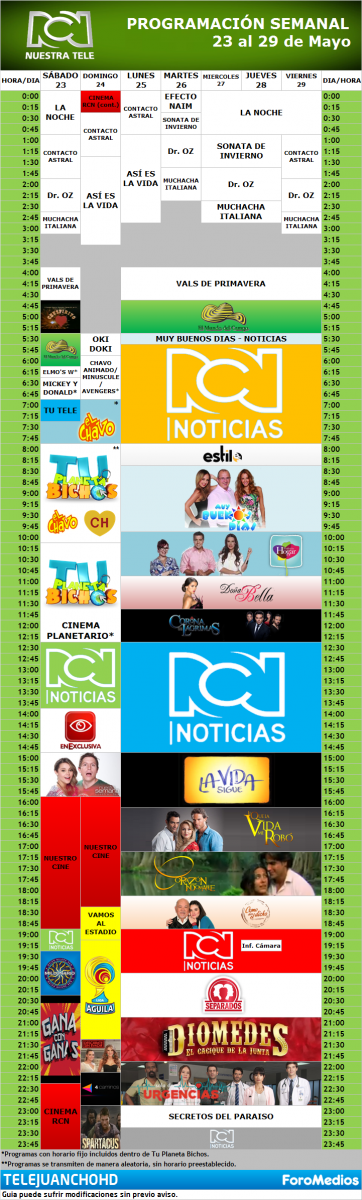Programación Canal RCN Colombia (23 al 29 de Mayo de 2015)