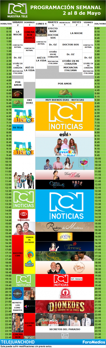 Programación Canal RCN Colombia (2 al 8 de Mayo de 2015)