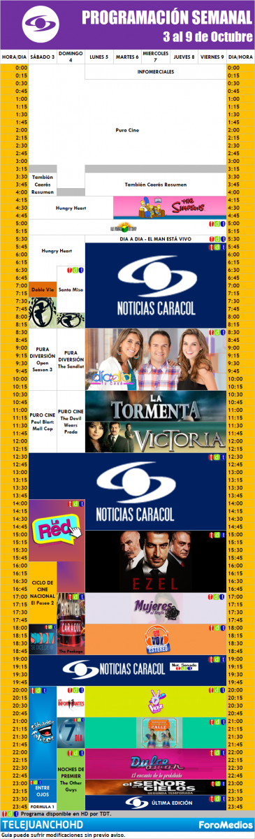 Programación Caracol Colombia (3 al 9 de Octubre de 2015)