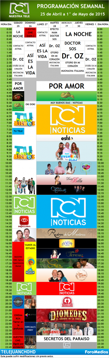 Programación Canal RCN Colombia (25 de Abril a 1° de Mayo de 2015)