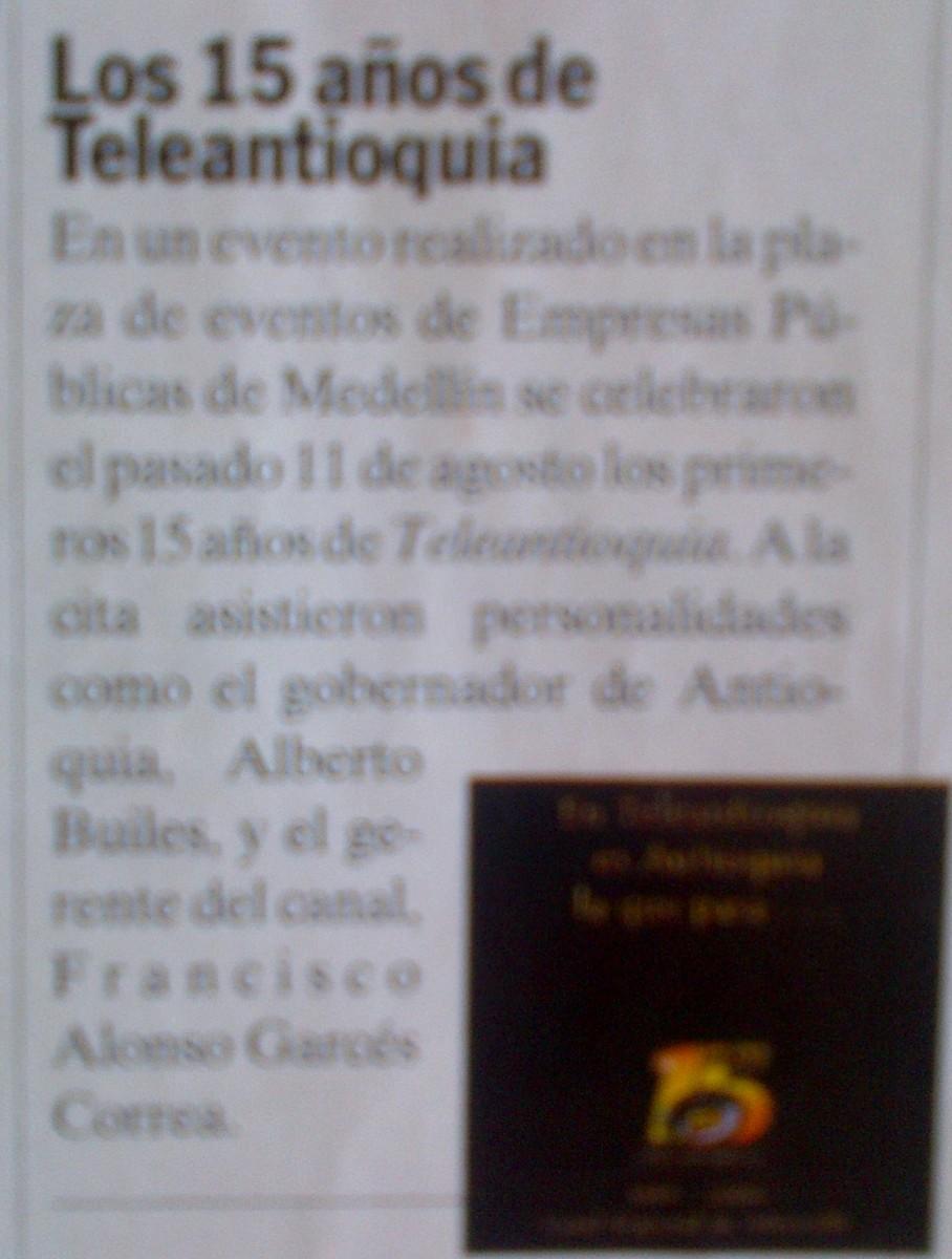 Artículo de la revista Semana sobre los 15 años de Teleantioquia (2000)