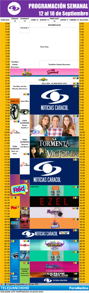 Programación Caracol Colombia (5 al 11 de Septiembre de 2015)