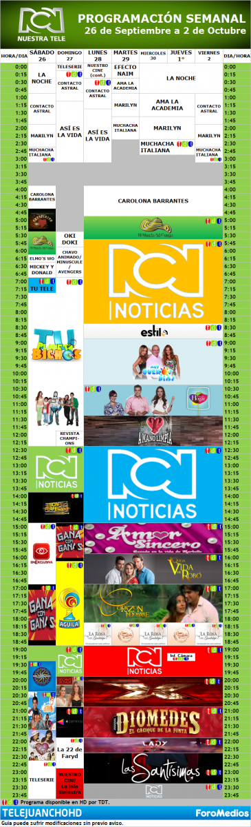 Programación Canal RCN "HD" Colombia (26 de Septiembre al 2 de Octubre de 2015)