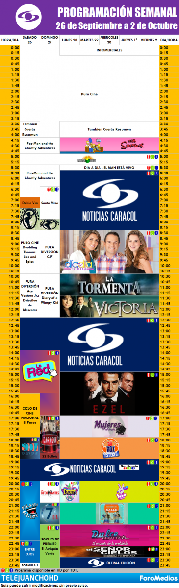 Programación Caracol Colombia (26 de Septiembre al 2 de Octubre de 2015)