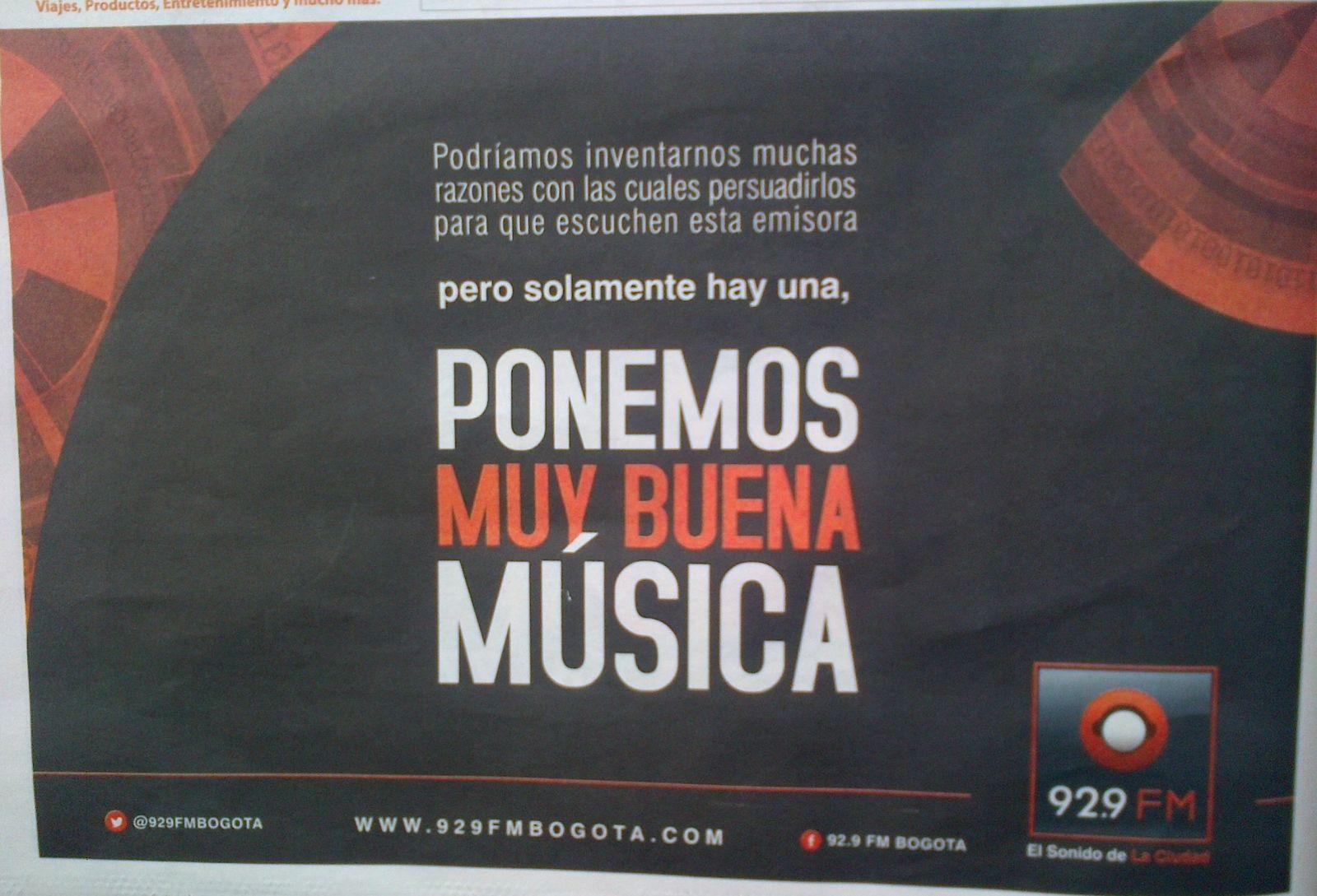 Publicidad 92.9 FM Bogotá - 2014