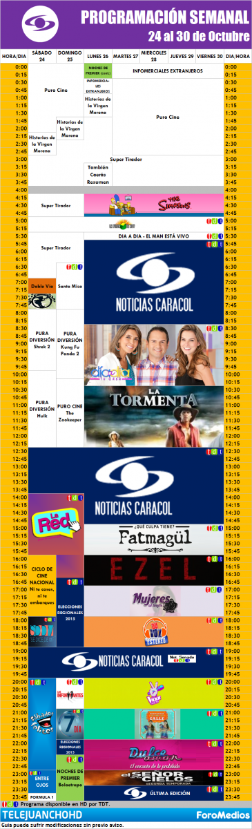 Programación Caracol Colombia (24 al 30 de Octubre de 2015)