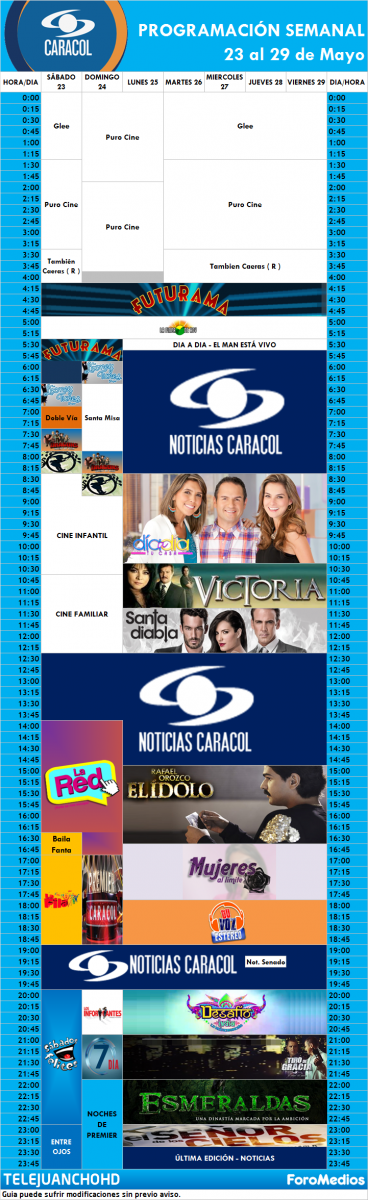 Programación Caracol Colombia (23 al 29 de Mayo de 2015)
