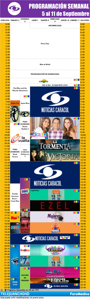 Programación Caracol Colombia (5 al 11 de Septiembre de 2015)