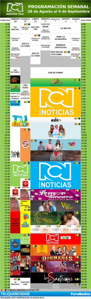 Programación Canal RCN "HD" Colombia (29 de Agosto al 4 de Septiembre de 2015)