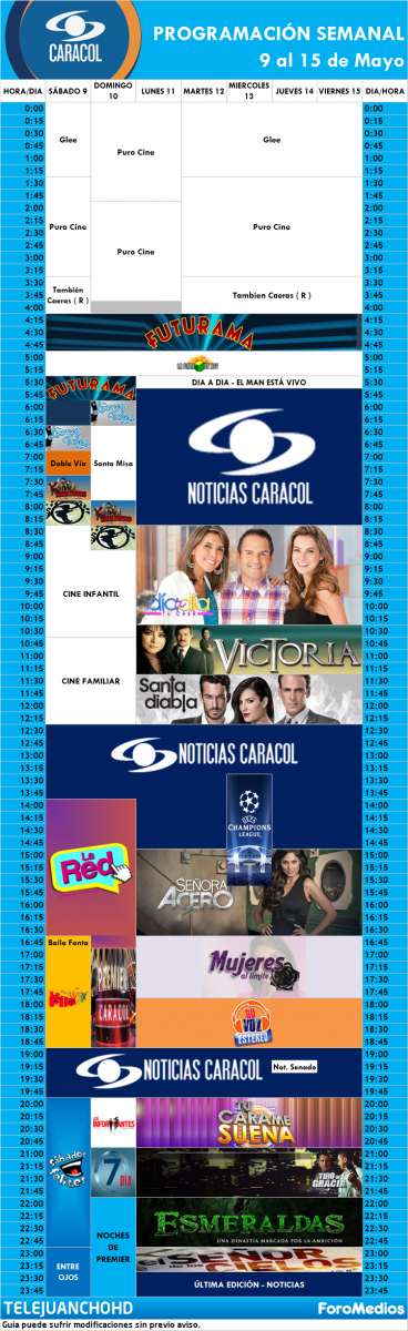 Programación Caracol Colombia (9 al 15 de Mayo de 2015)