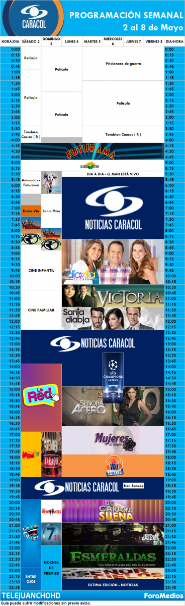 Programación Caracol Colombia (2 al 8 de Mayo de 2015)