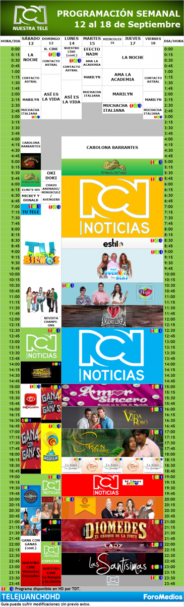Programación Canal RCN "HD" Colombia (12 al 18 de Septiembre de 2015)
