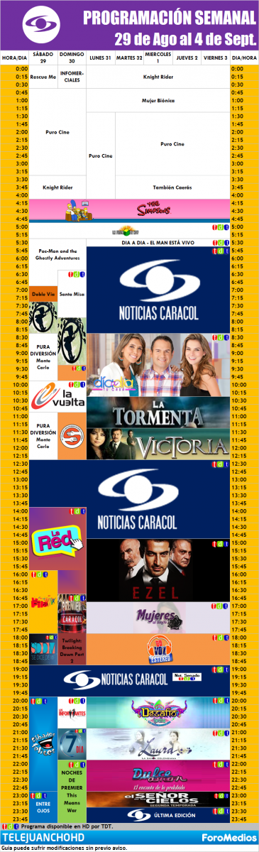 Programación Caracol Colombia (29 de Agosto al 4 de Septiembre de 2015)