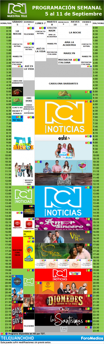 Programación Canal RCN "HD" Colombia (5 al 11 de Septiembre de 2015)