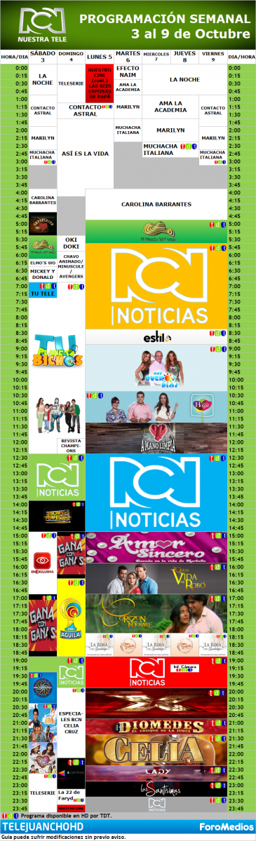 Programación Canal RCN "HD" Colombia (3 al 9  de Octubre de 2015)