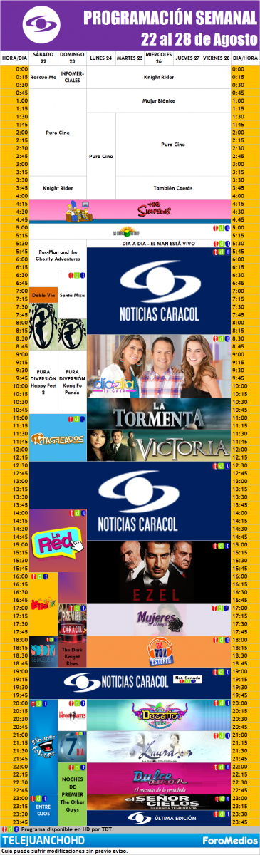 Programación Caracol Colombia (22 al 28 de Agosto de 2015)