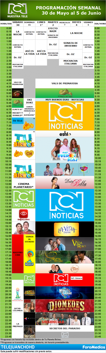 Programación Canal RCN Colombia (30 de Mayo al 5 de Junio de 2015)