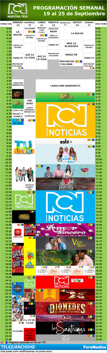 Programación Canal RCN "HD" Colombia (19 al 25 de Septiembre de 2015)