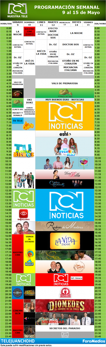 Programación Canal RCN Colombia (9 al 15 de Mayo de 2015)