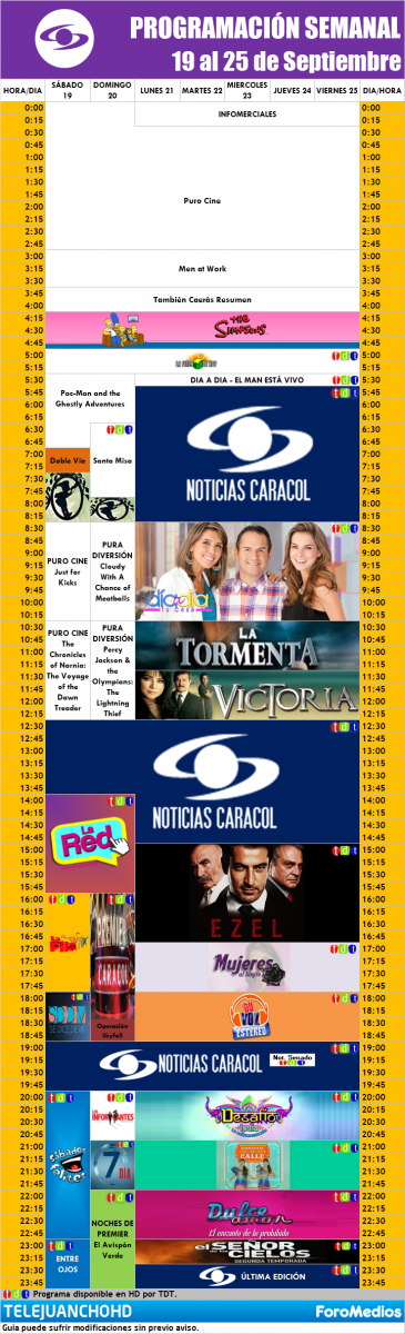 Programación Caracol Colombia (19 al 25 de Septiembre de 2015)