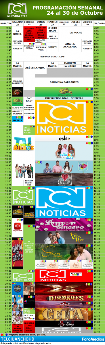 Programación Canal RCN "HD" Colombia (24 al 30 de Octubre de 2015)