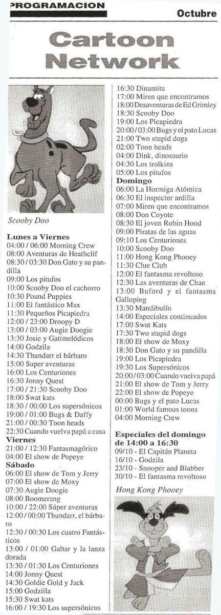 Programacion del Cartoon Network de Octubre de 1994