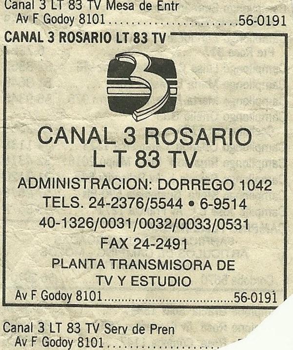 Aviso Telefonico de Canal 3 Rosario 1994