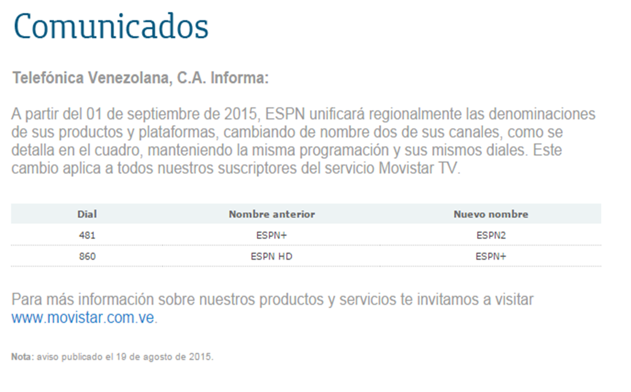 Notificacion de Movistar Venezuela de los cambios de nombre en canales de ESPN