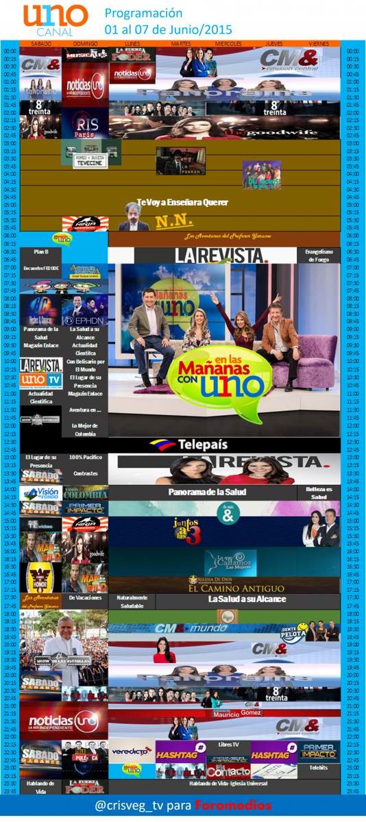 Programacion Canal Uno (Colombia) 3O de Mayo al 5 de Junio