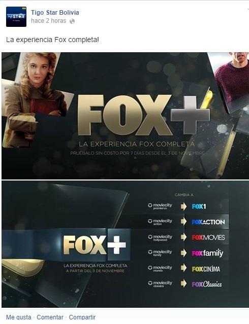 Tigo Star Bolivia anuncia el cambio de el paquete Moviecity a FOX+
