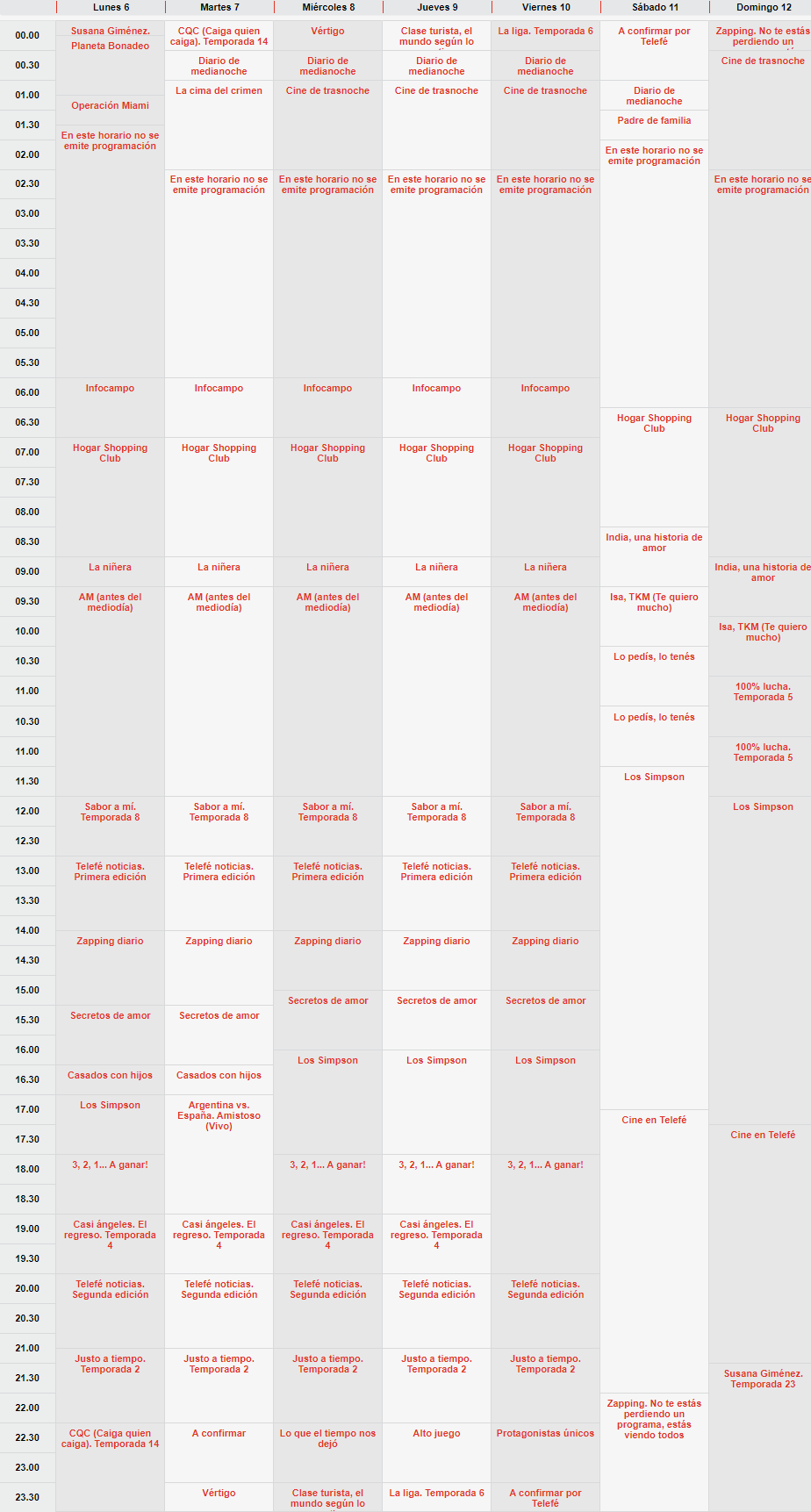 Programacion de Telefe (6-12 de septiembre del 2010)