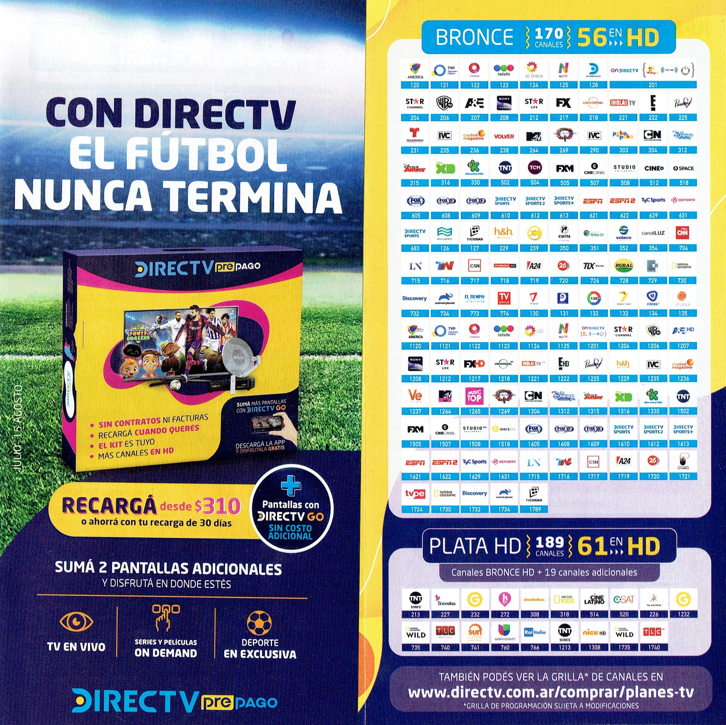 Guia de Canales - DIRECTV Prepago Argentina - Julio - Agosto 2021