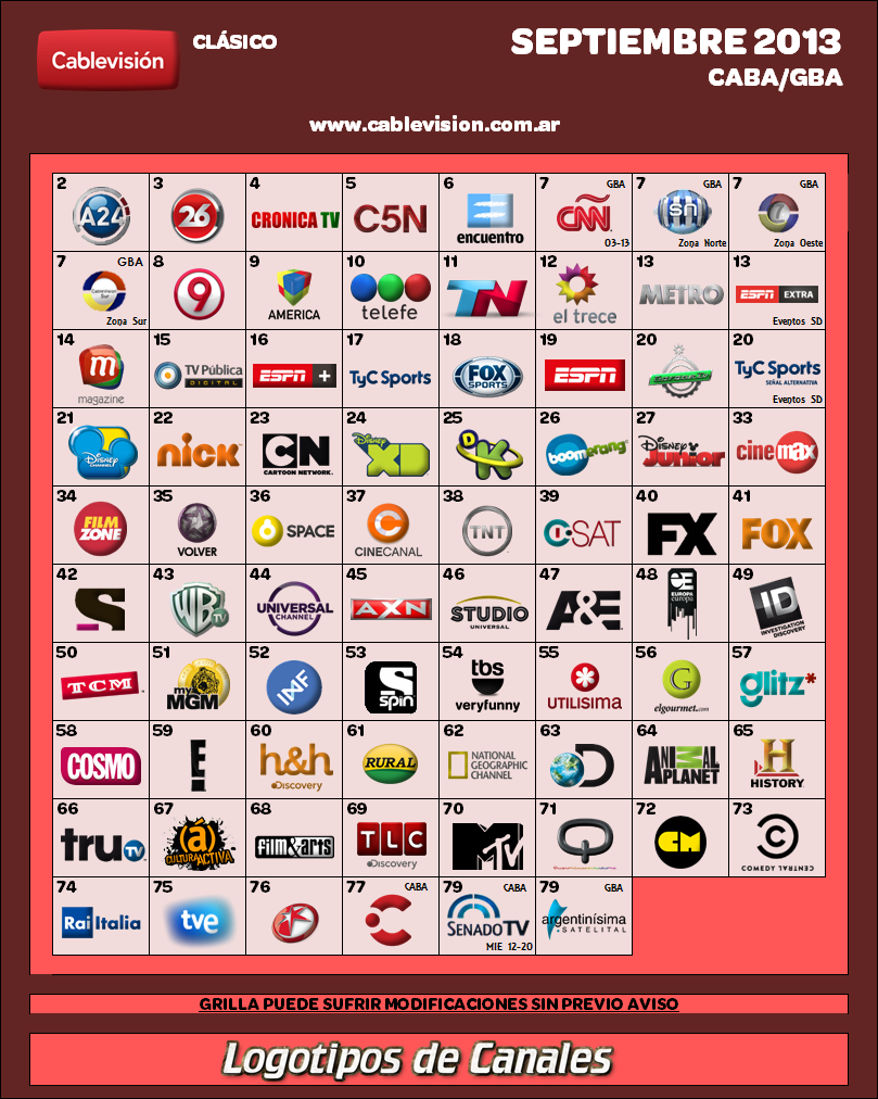 Grilla de Canales Cablevisión Clásico Capital y GBA (Septiembre 2013)