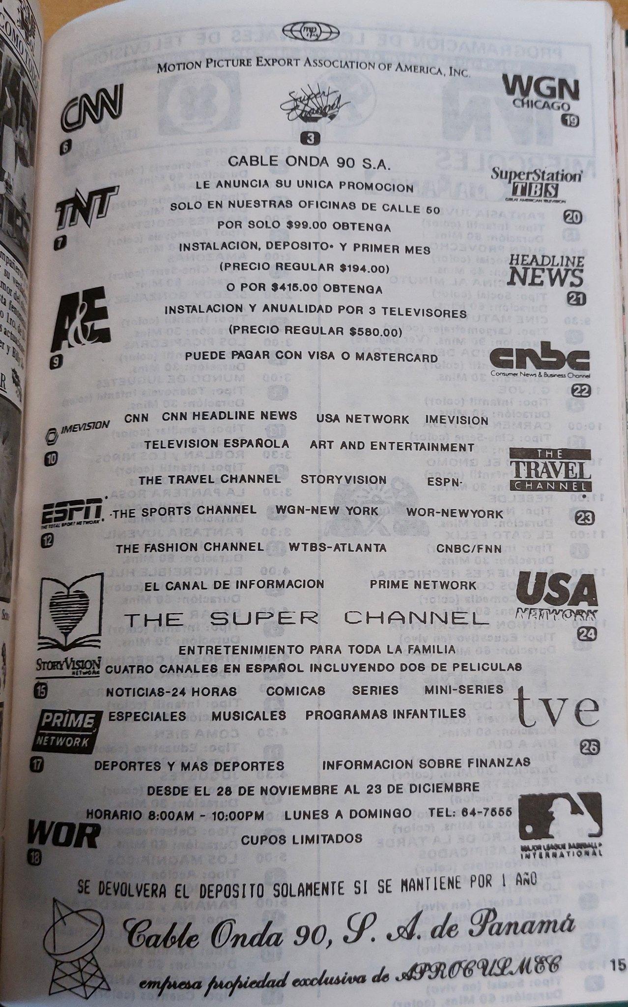 Grilla de canales Cable Onda 90 (Panamá), Diciembre de 1991